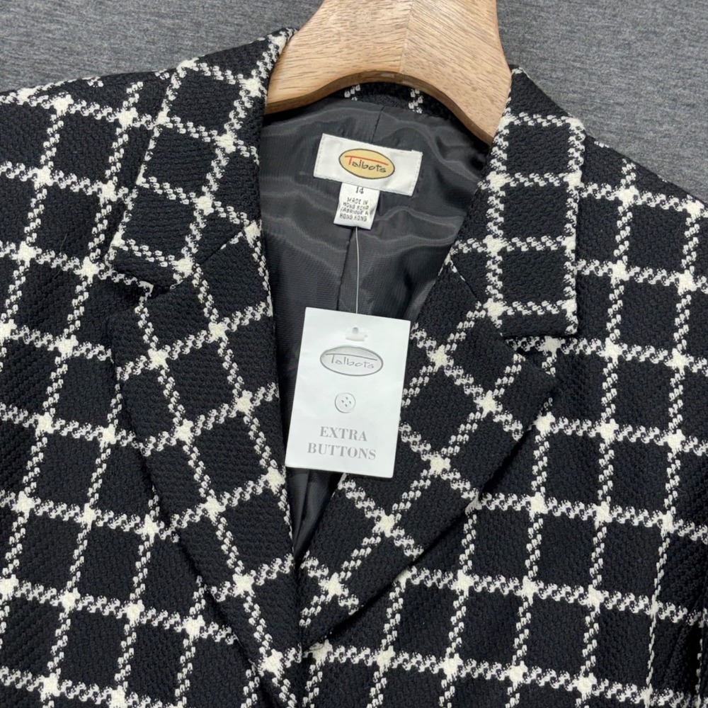 Talbots Blazer‎ Womens 14 Black White Windowpane Wool Long Sleeve Classic NEW